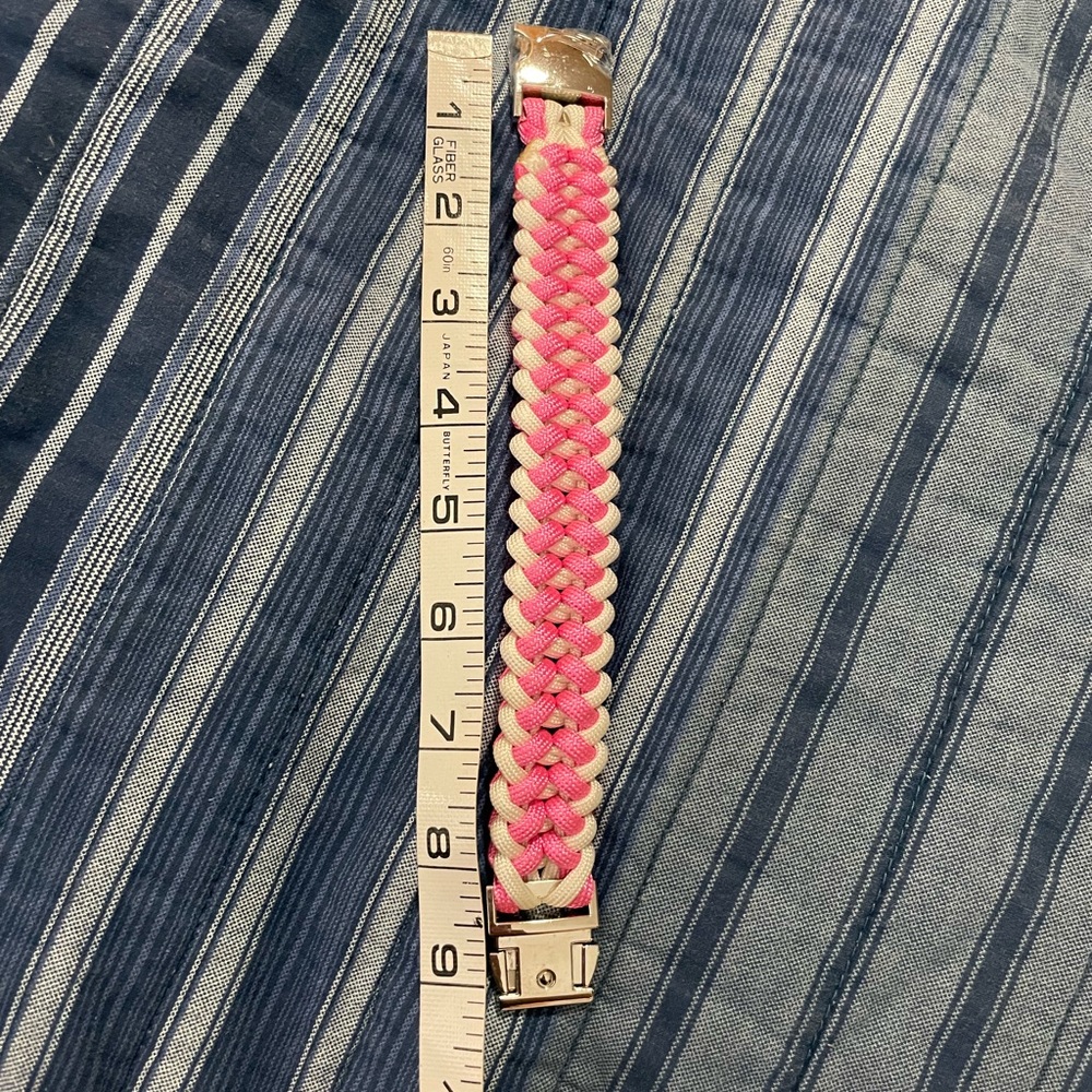 Handcrafted handmade pink white Paracord bracelet silver metal clasp 8.5 inches - Picture 8 of 11